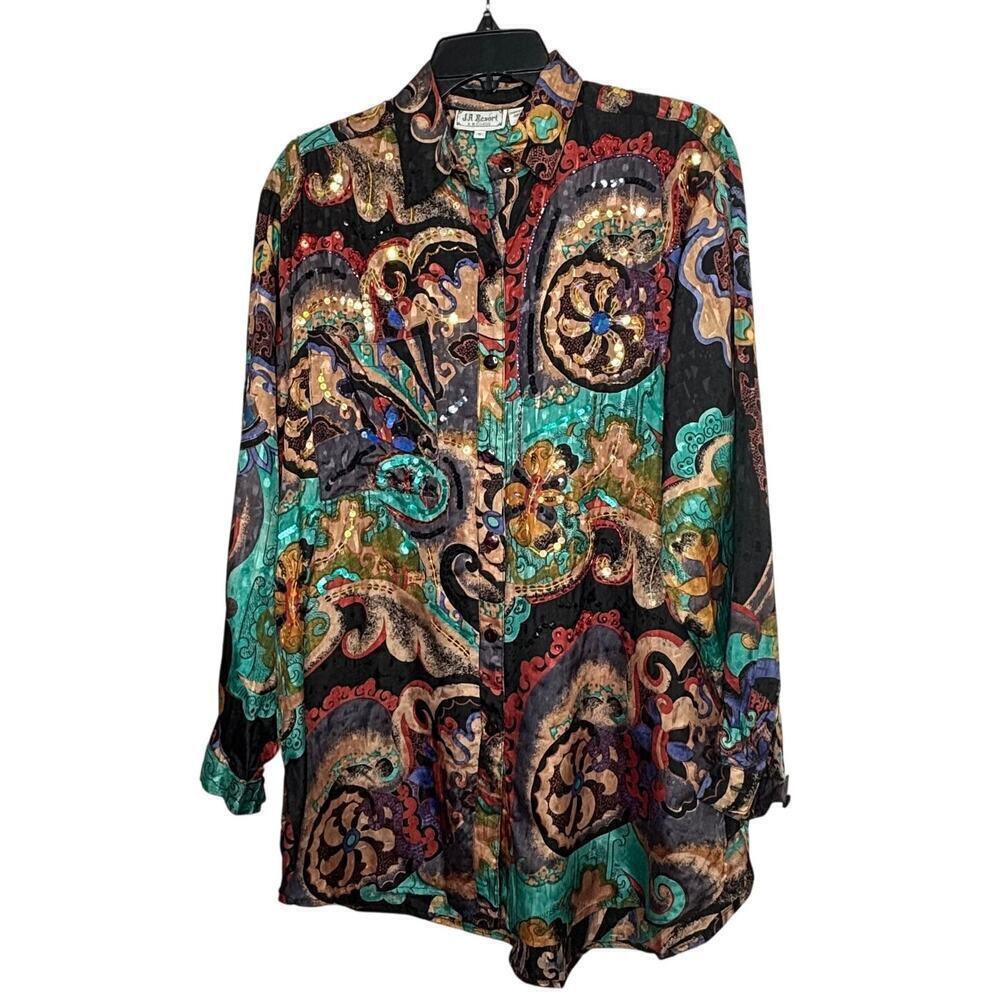 Vintage JA Resort Beaded Sequin Artsy Colorful Fun Button Up Top Size Small